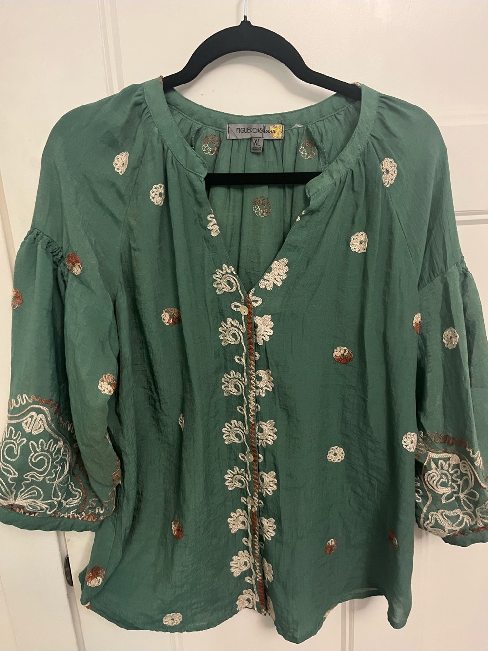 Figurasque Green Embroidered Peasant Blouse